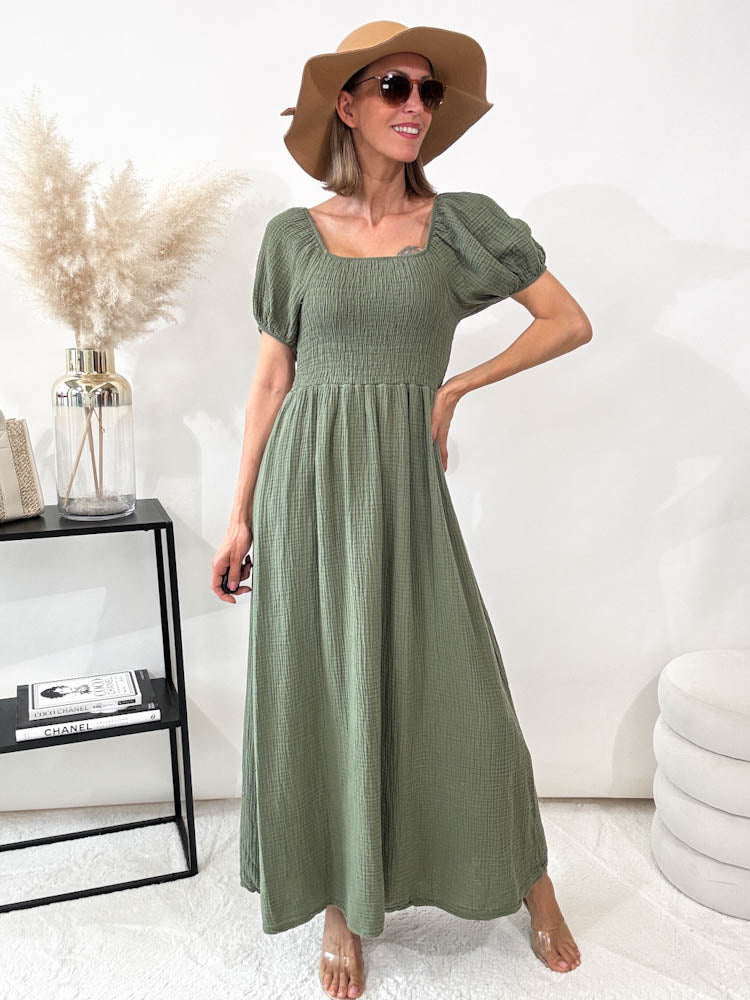 ,,Turino Waffel Dress" - Maxikleid aus Musselin - matcha