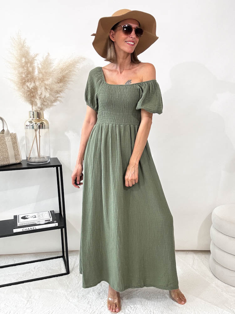 "Turino Waffel Dress" - schönes Maxikleid aus Musselin - matcha grün
