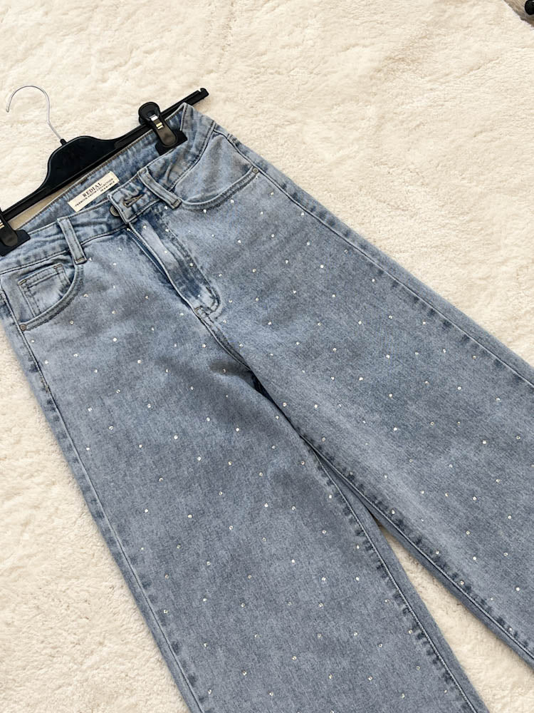 "Diamonds" Wide Leg Jeans mit Strass - blau