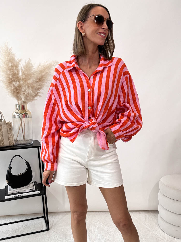"Stripes Midi" Musselin Bluse mit Streifen - hellorange/rosa