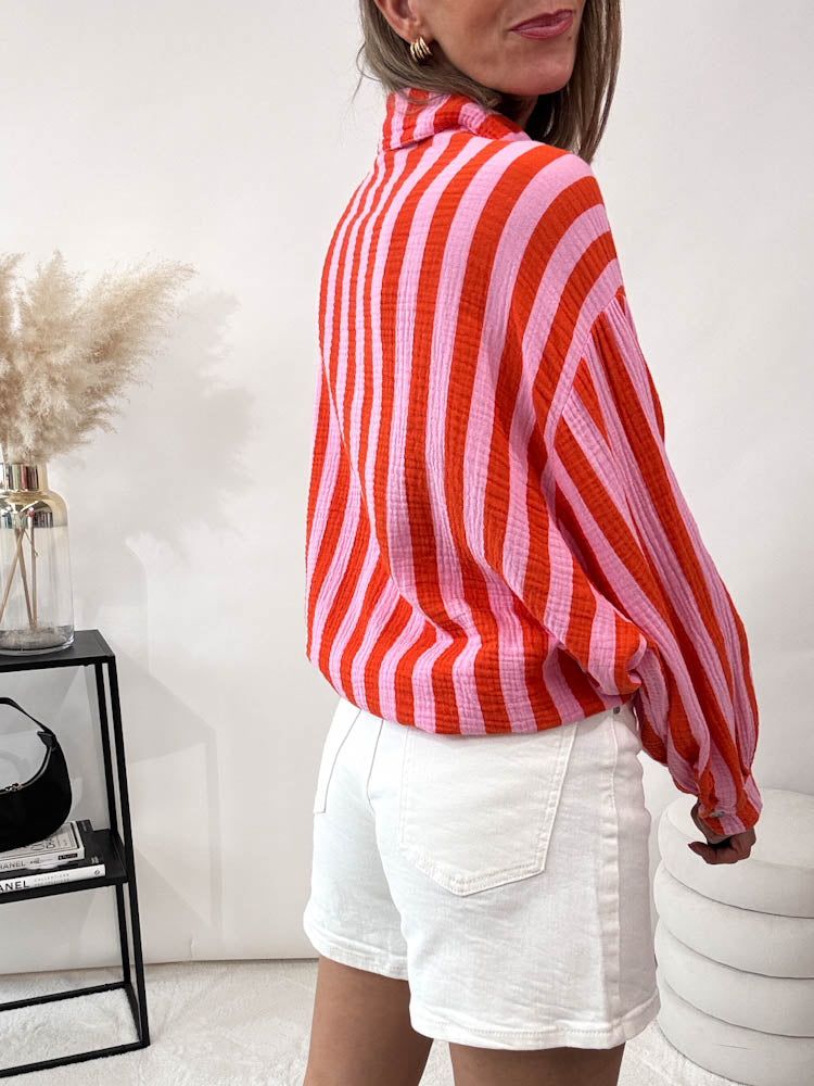 "Stripes Midi" Musselin Bluse mit Streifen - hellorange/rosa