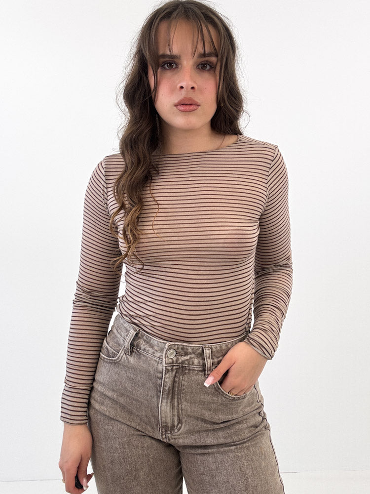 "Como Stripes" kuscheliges Cashmere Longshirt - mocca/beige
