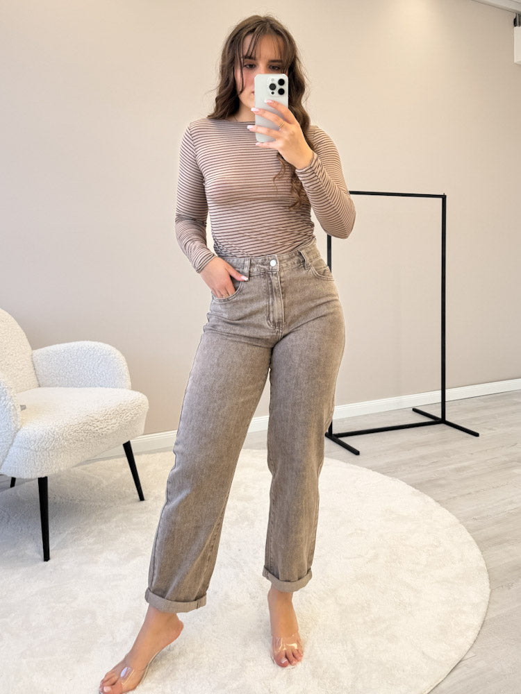 "Como Stripes" kuscheliges Cashmere Longshirt - mocca/beige