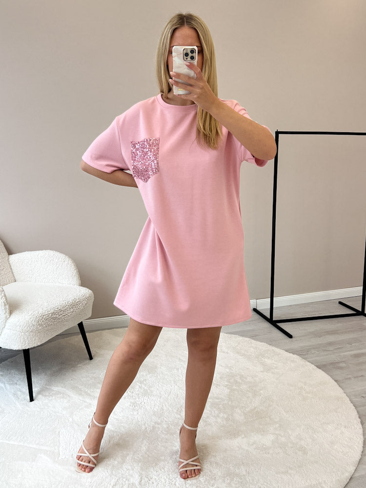 "Albi" weiches T-Shirtkleid mit Glitzerdetail - rosa