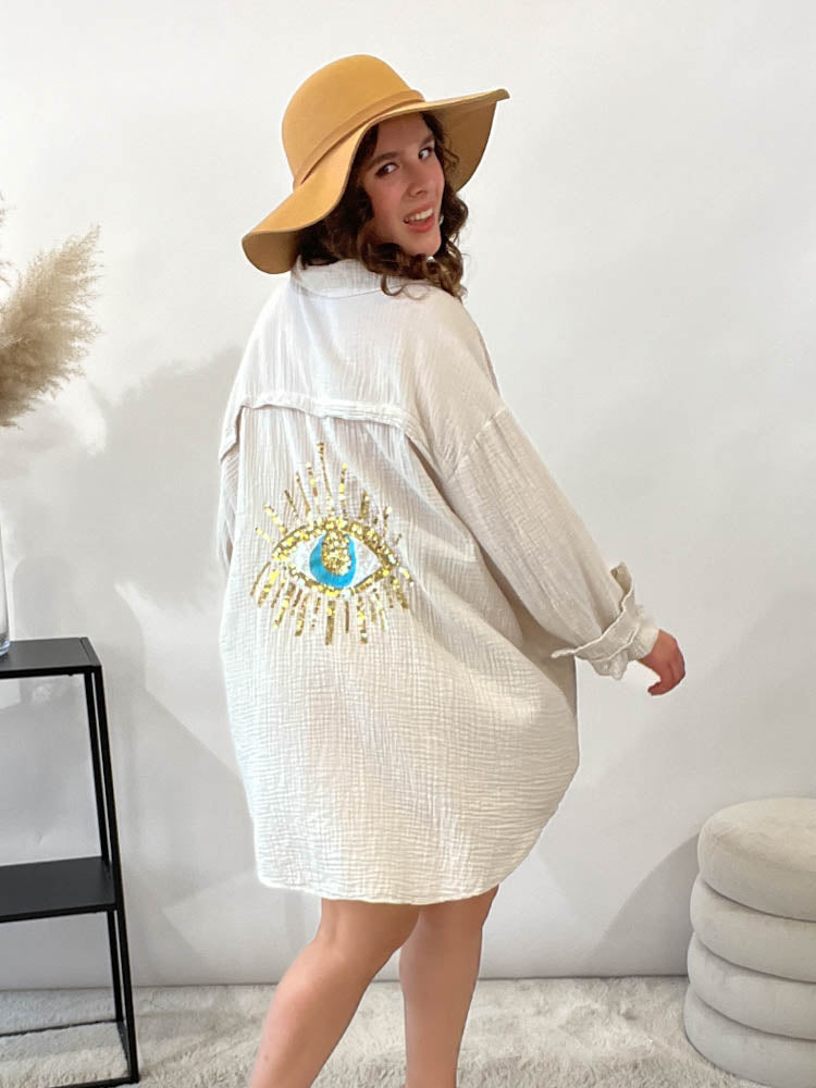 Musselin Bluse Auge aus Pailetten Oversize - beige