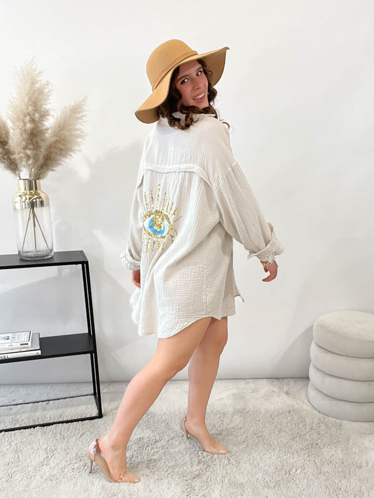 Musselin Bluse Auge aus Pailetten Oversize - beige