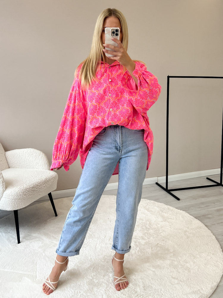 "Musselin Tropical" Bluse aus Baumwolle - pink/ orange