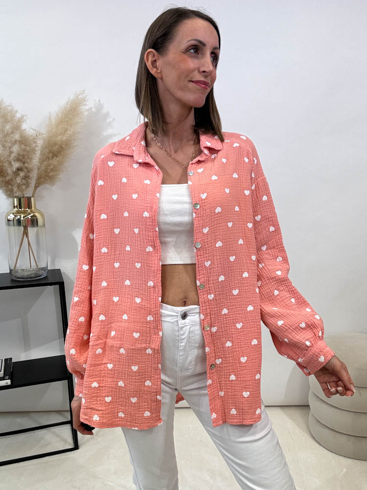 "Heart Midi" Musselin Bluse mit Herzen - peach