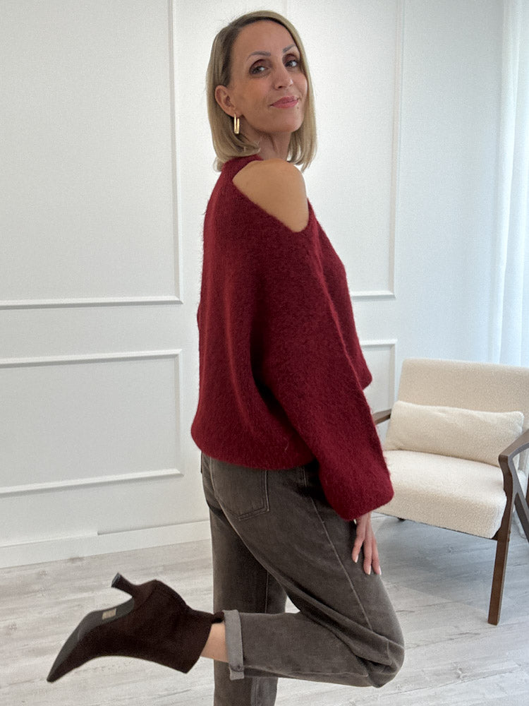 "Lia" weicher Cold-Shoulder Pullover - soft bordeaux
