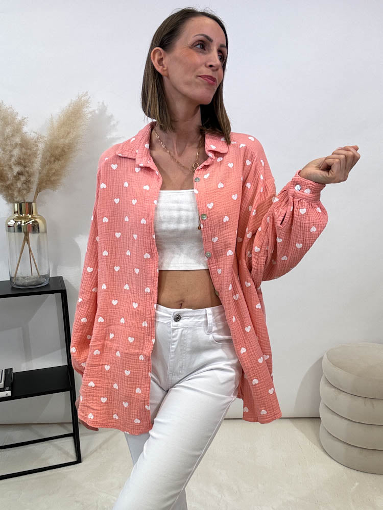 "Heart Midi" Musselin Bluse mit Herzen - peach