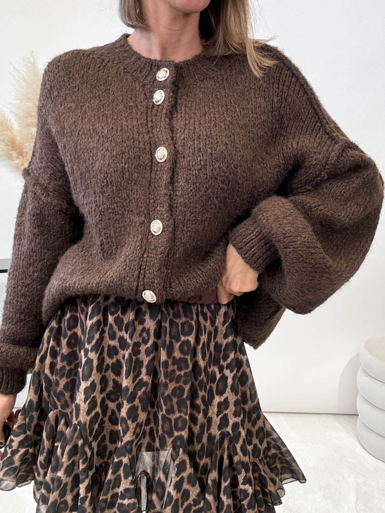"Cozy Button Mini" kuscheliger Cardigan - dunkelbraun