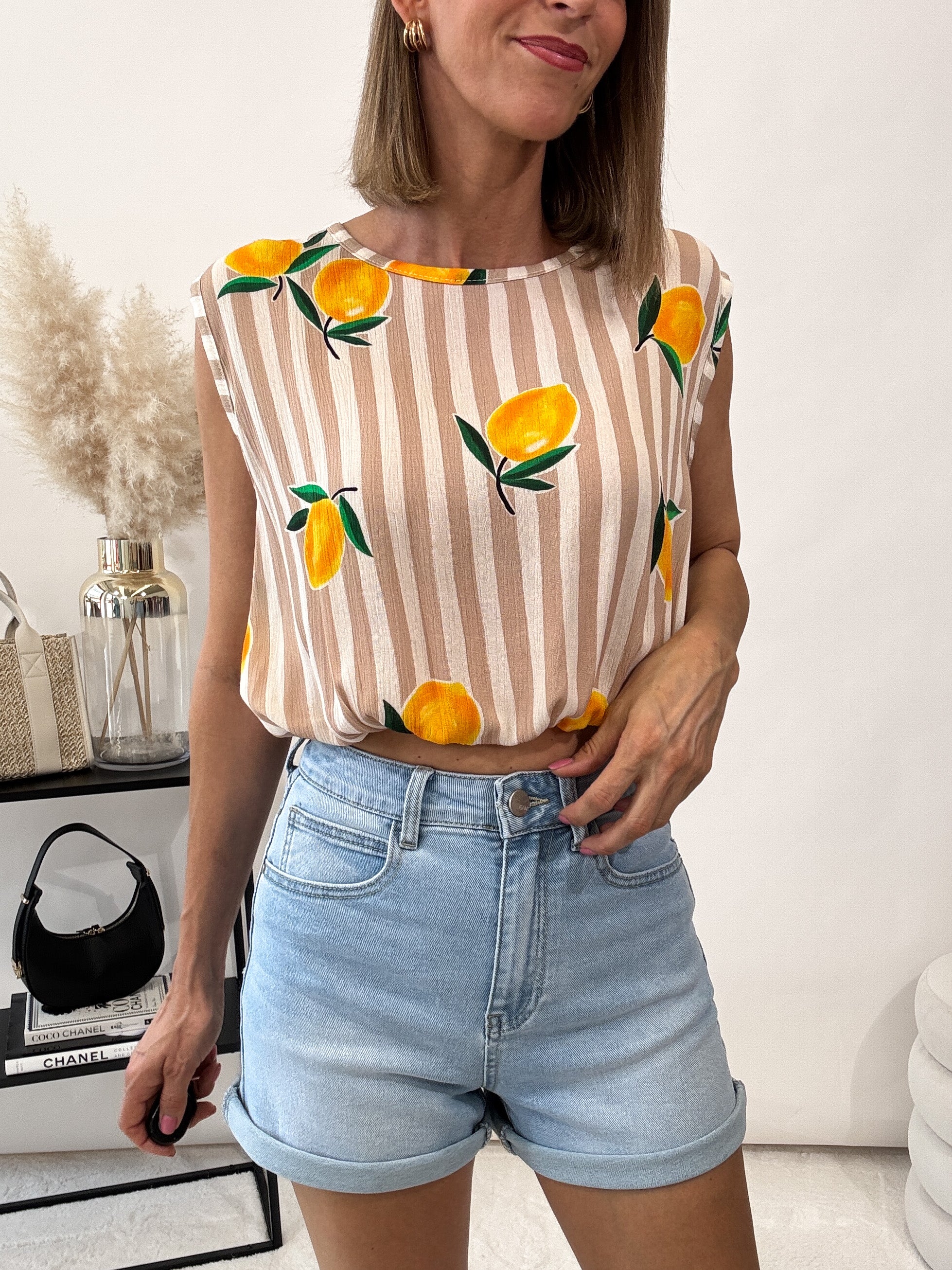 "Amalfi Lemon" Top aus Baumwolle - beige