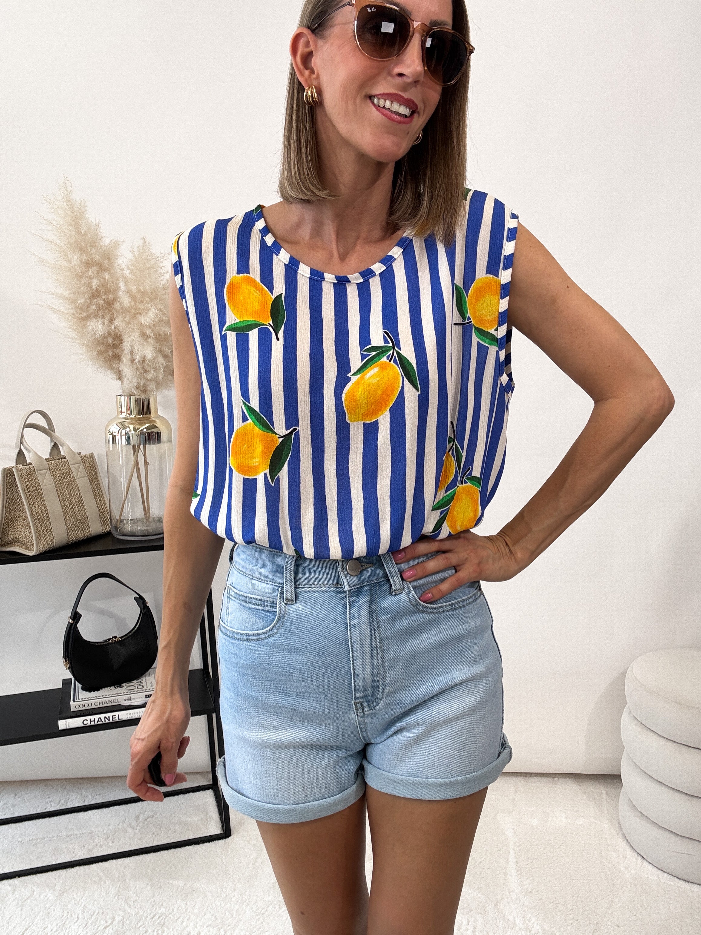 "Amalfi Lemon" Top aus Baumwolle - blau