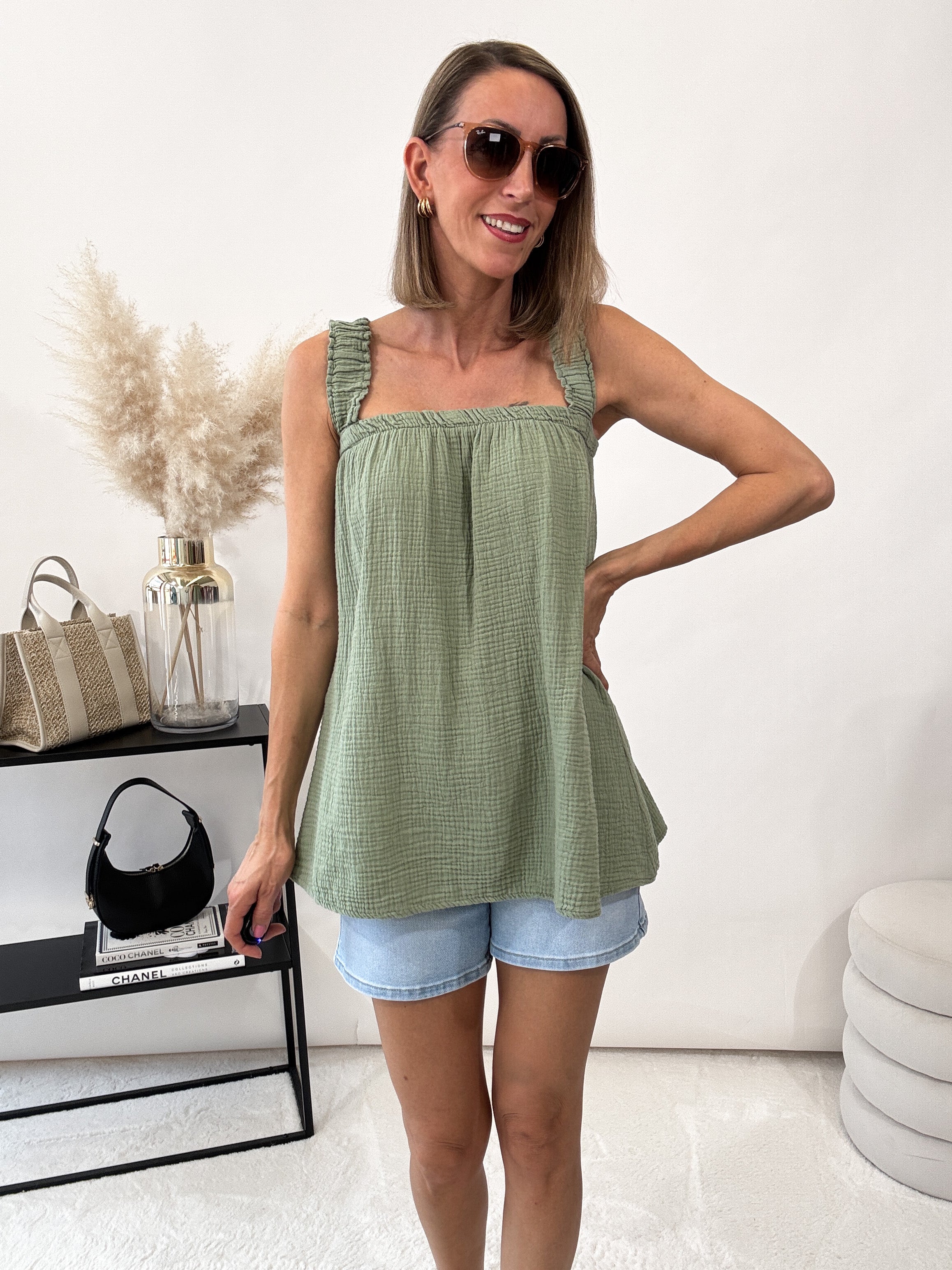 "Sweet Bow" Musselin Top aus Baumwolle - matcha