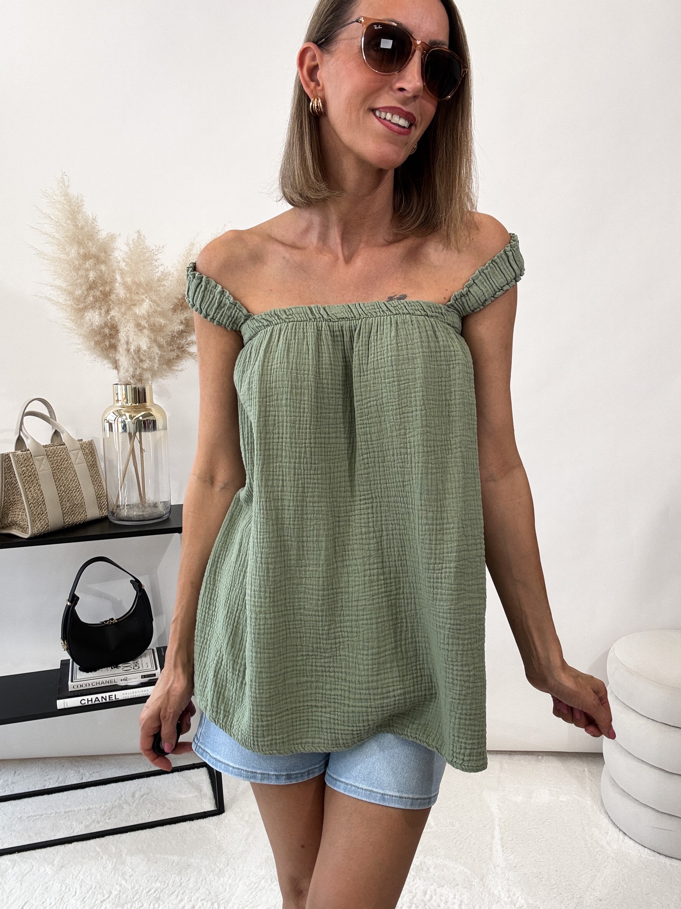 "Sweet Bow" Musselin Top aus Baumwolle - matcha