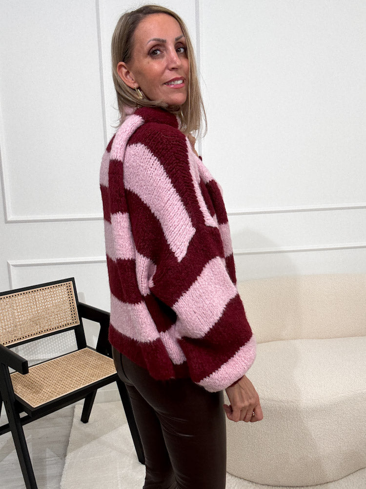 "Candy Stripes" weicher Cardigan mit Schal aus Lana Wolle - bordeaux/ rosa