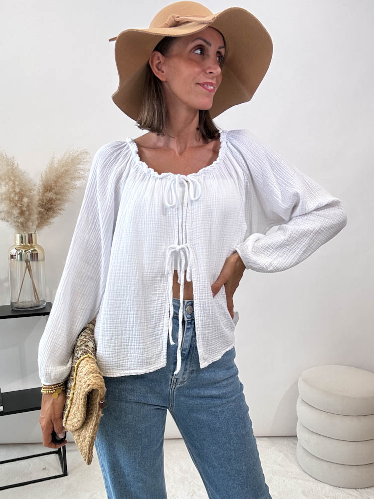 "Sweet Bow" Musselin Cardigan mit Schleifen - weiß