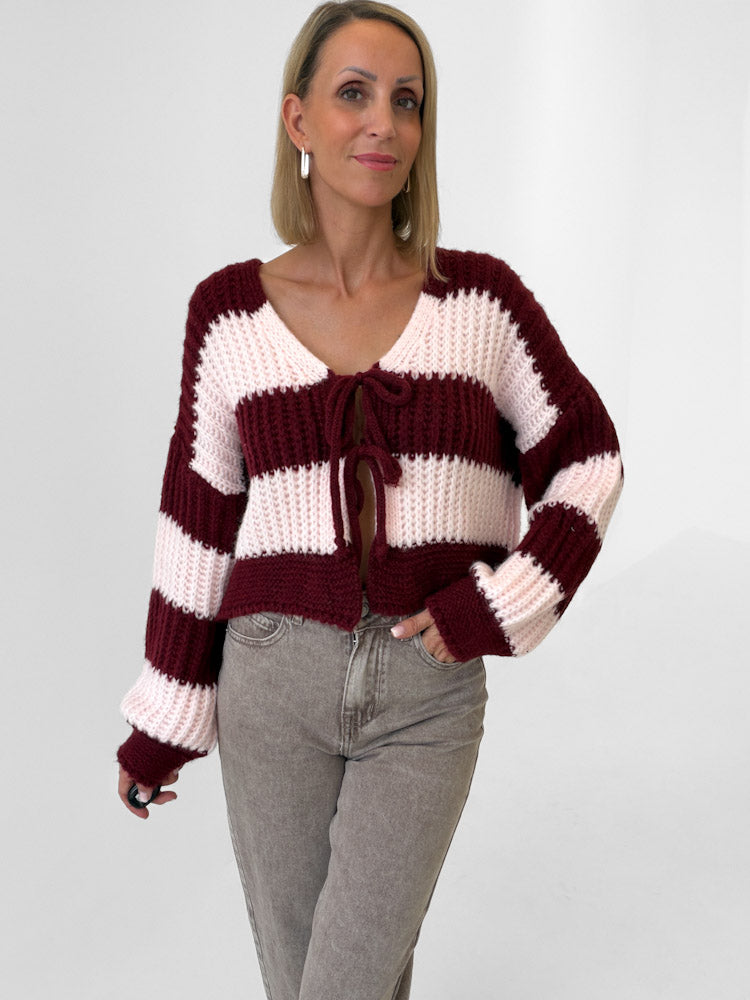 "Malibu Stripes" weicher Cardigan mit Schleifen - rosa/bordeaux