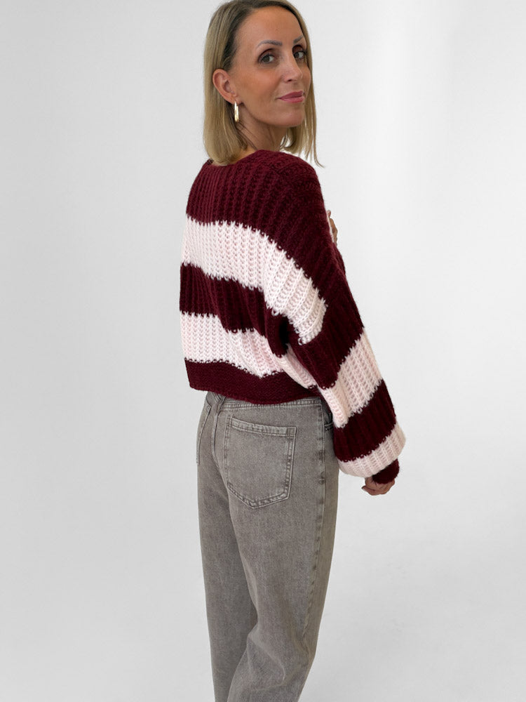 "Malibu Stripes" weicher Cardigan mit Schleifen - rosa/bordeaux