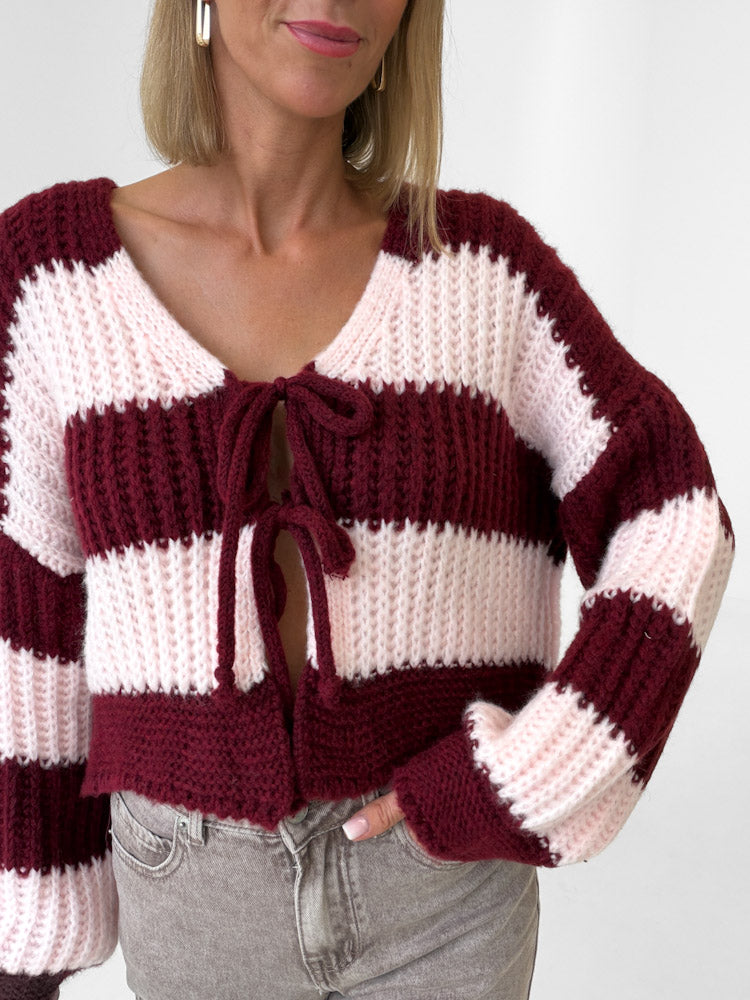 "Malibu Stripes" weicher Cardigan mit Schleifen - rosa/bordeaux