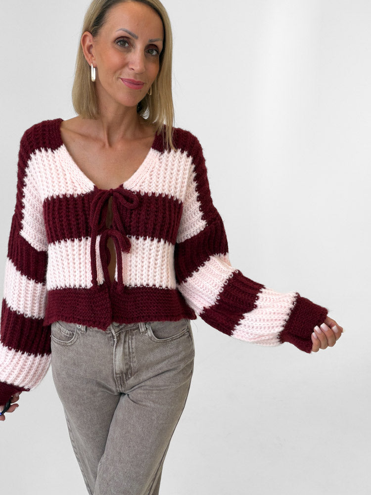 "Malibu Stripes" weicher Cardigan mit Schleifen - rosa/bordeaux