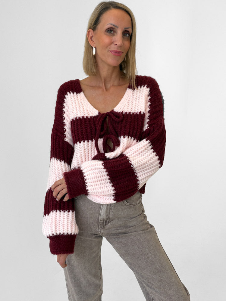 "Malibu Stripes" weicher Cardigan mit Schleifen - rosa/bordeaux