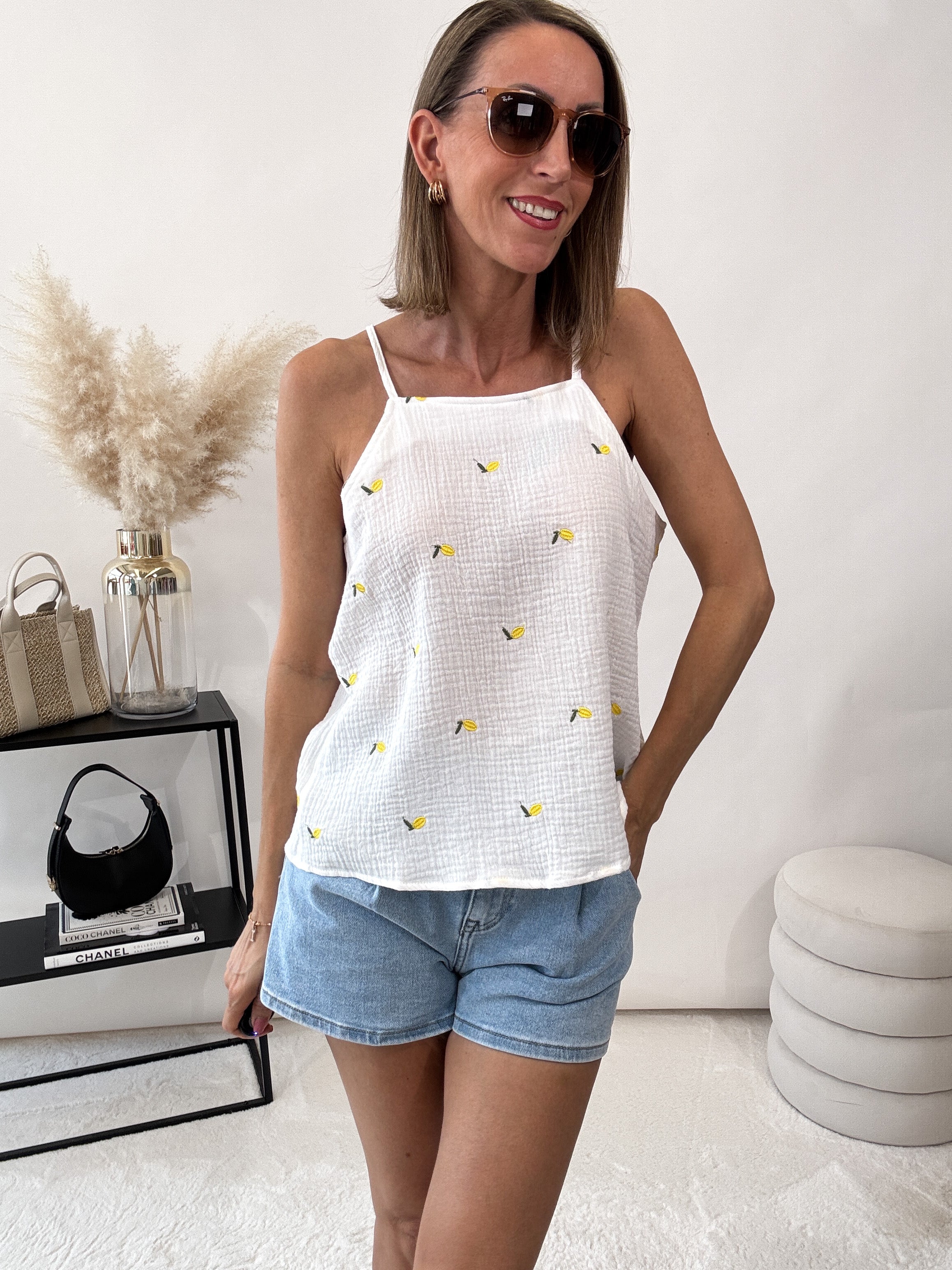 "Waffle Top Lemon" Top (Musselin) - weiss