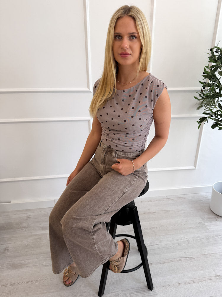 "Luna Dots" tolles Top mit seitlicher Raffung - mocca/ braun