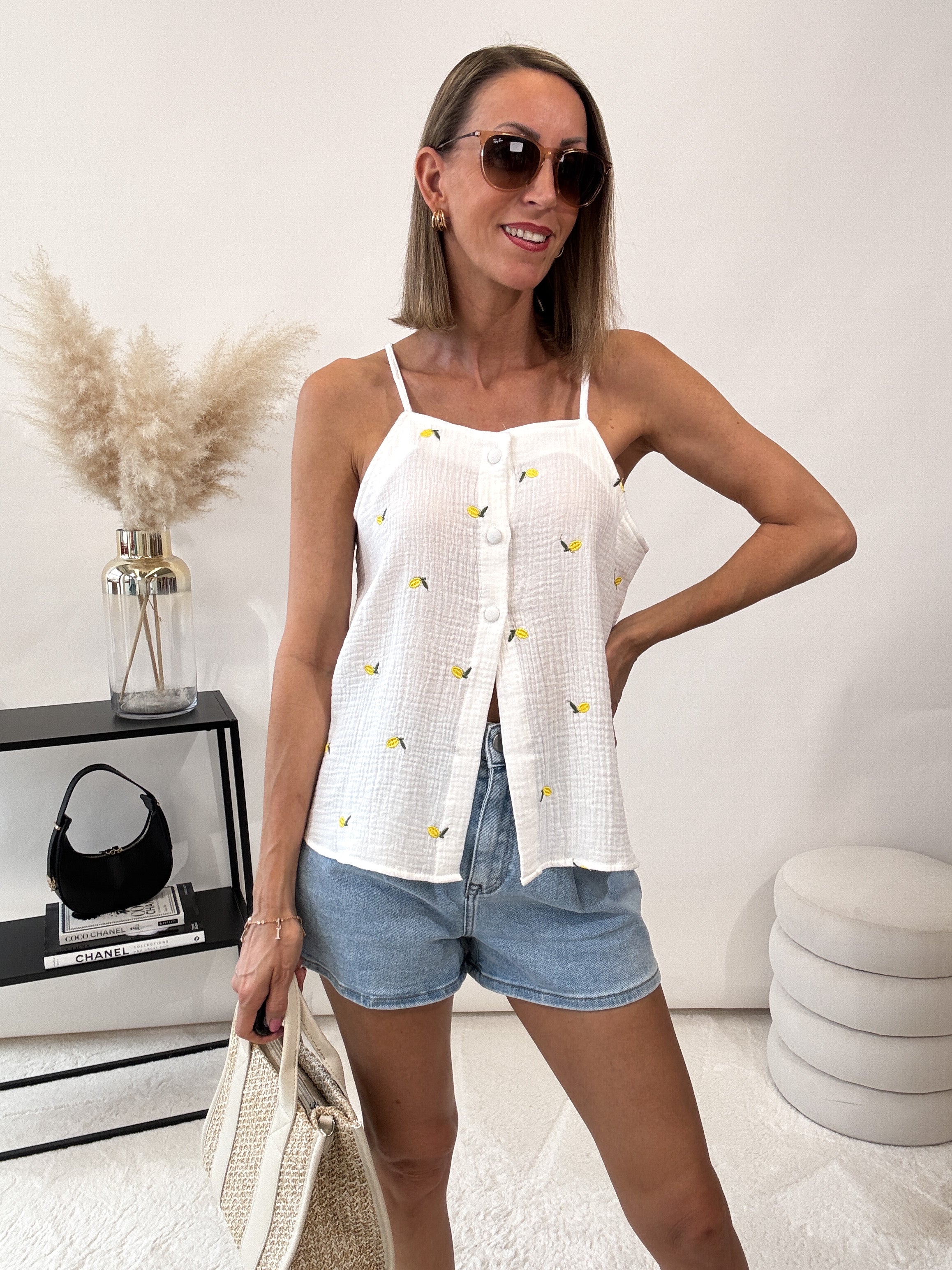 "Waffle Top Lemon" Top (Musselin) - weiss