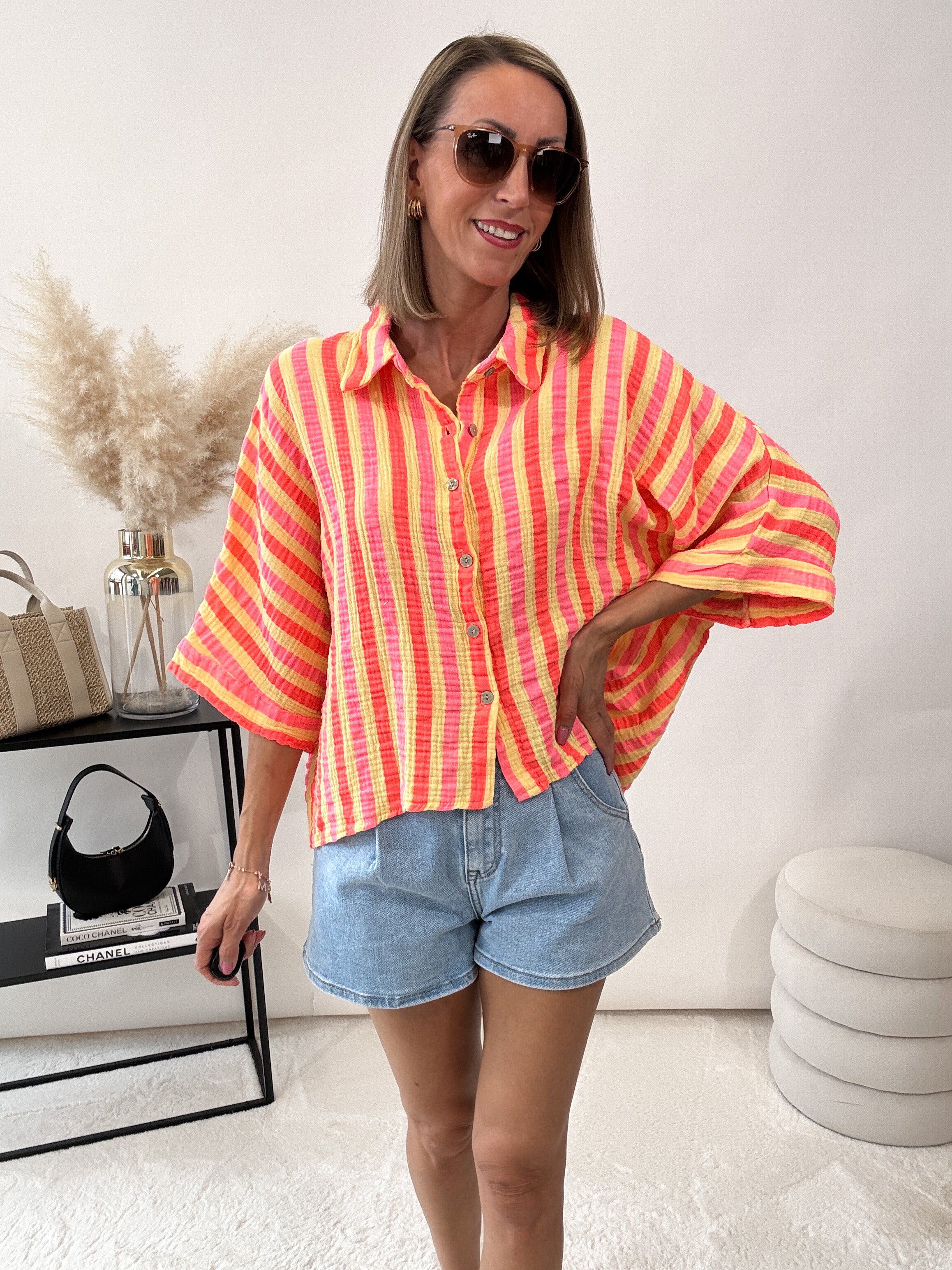 "Waffle Picco" kurze gestreifte Musselinbluse - gelb