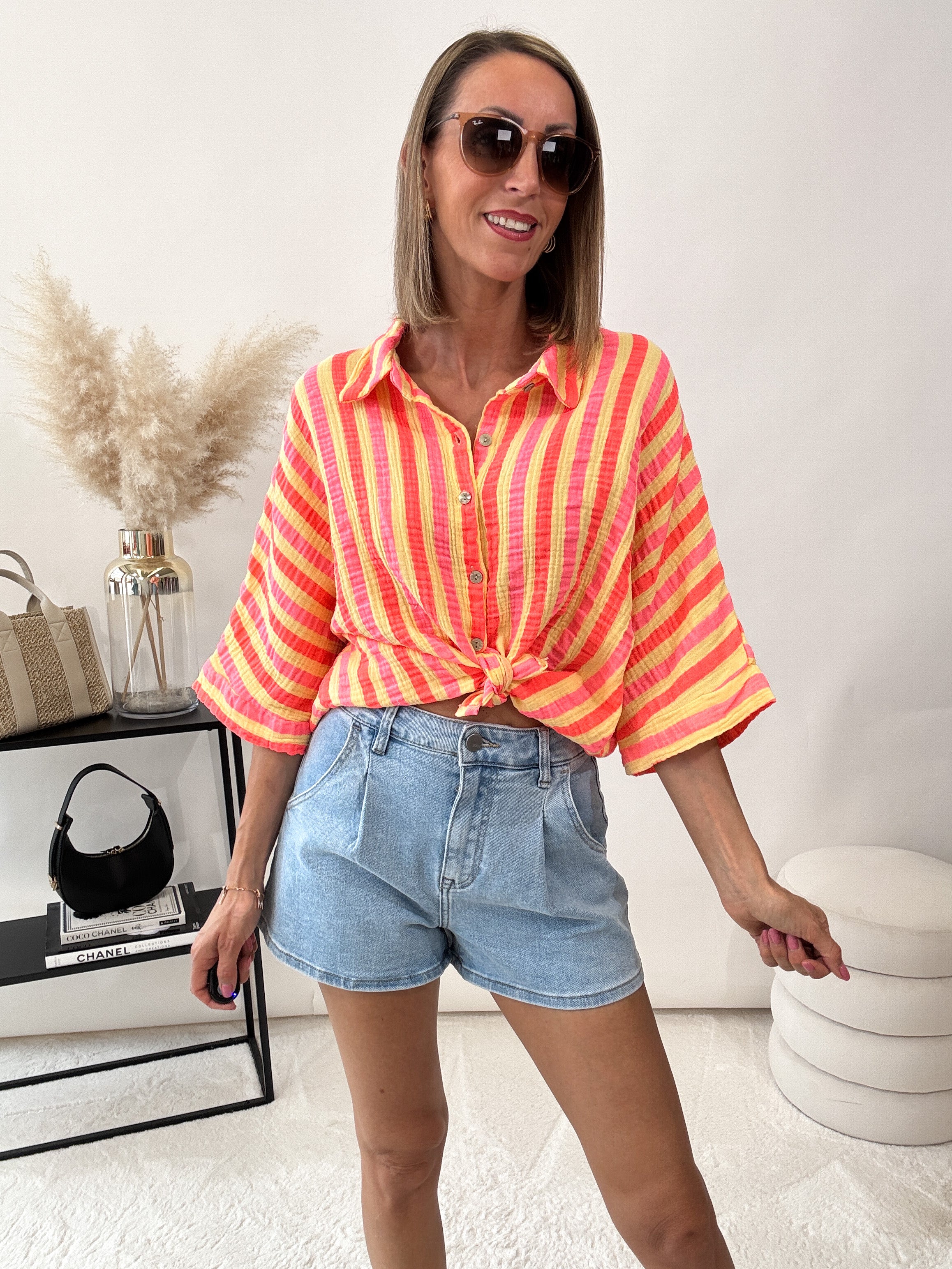 "Waffle Picco" kurze gestreifte Musselinbluse - gelb