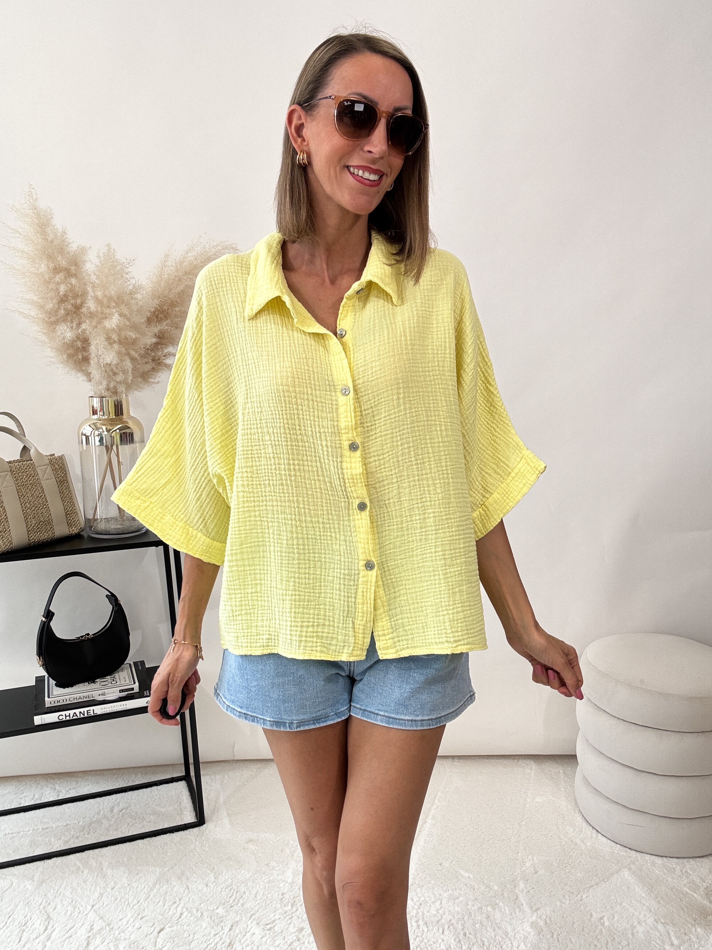 "Waffle Picco" kurze Musselinbluse - gelb