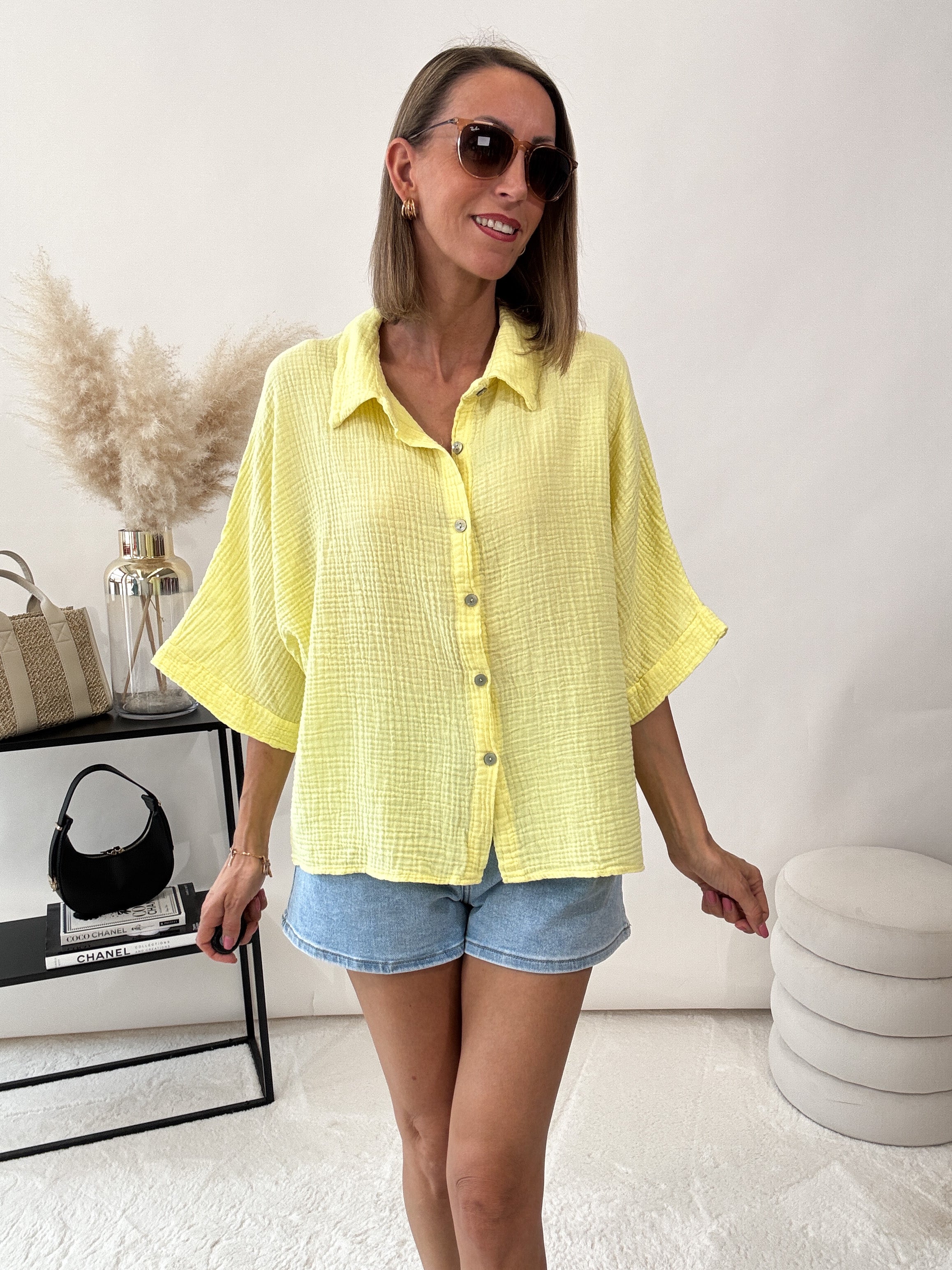 "Waffle Picco" kurze Musselinbluse - gelb