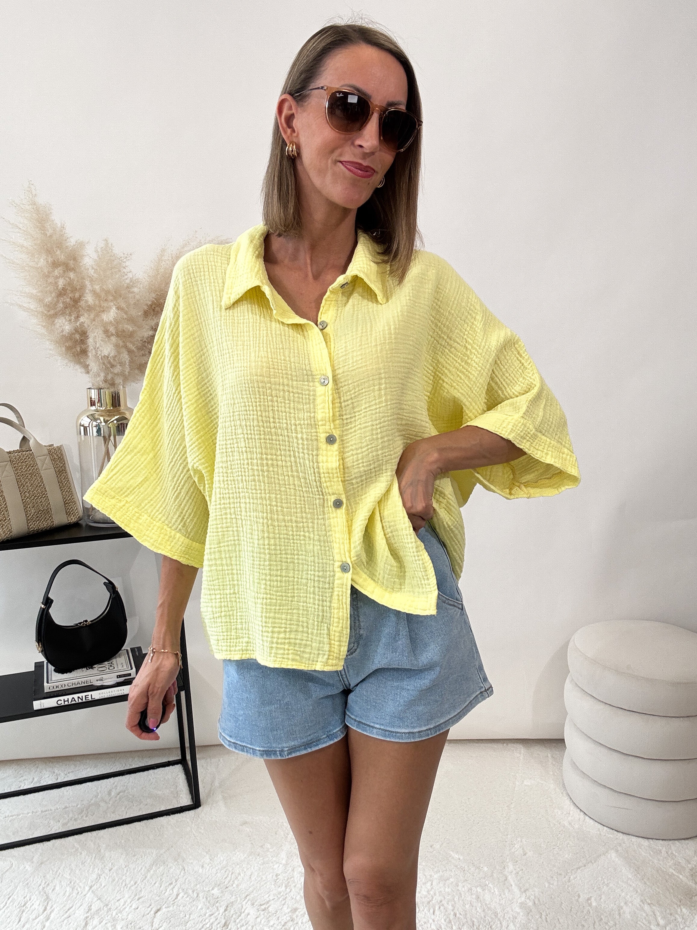 "Waffle Picco" kurze Musselinbluse - gelb