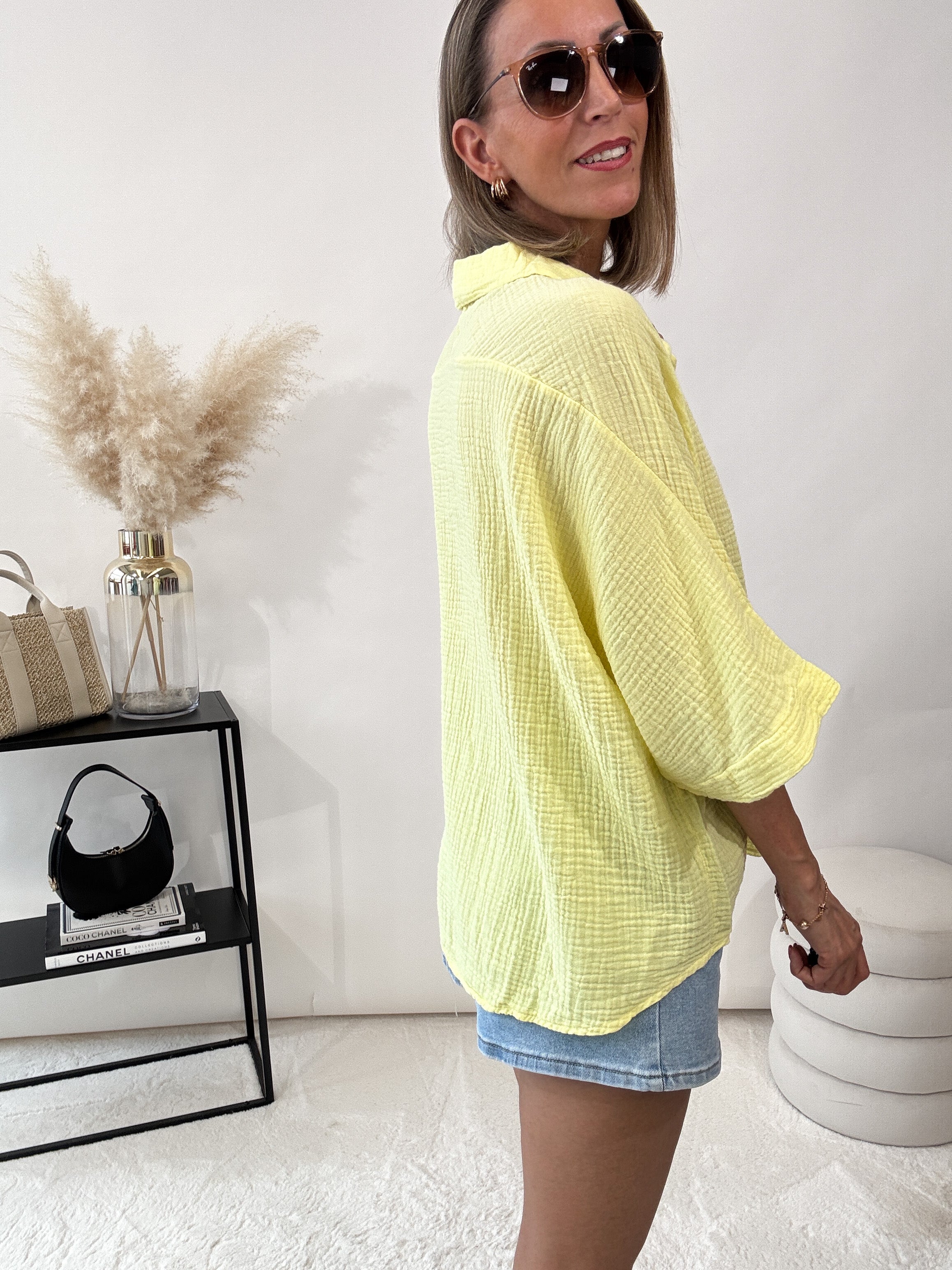 "Waffle Picco" kurze Musselinbluse - gelb