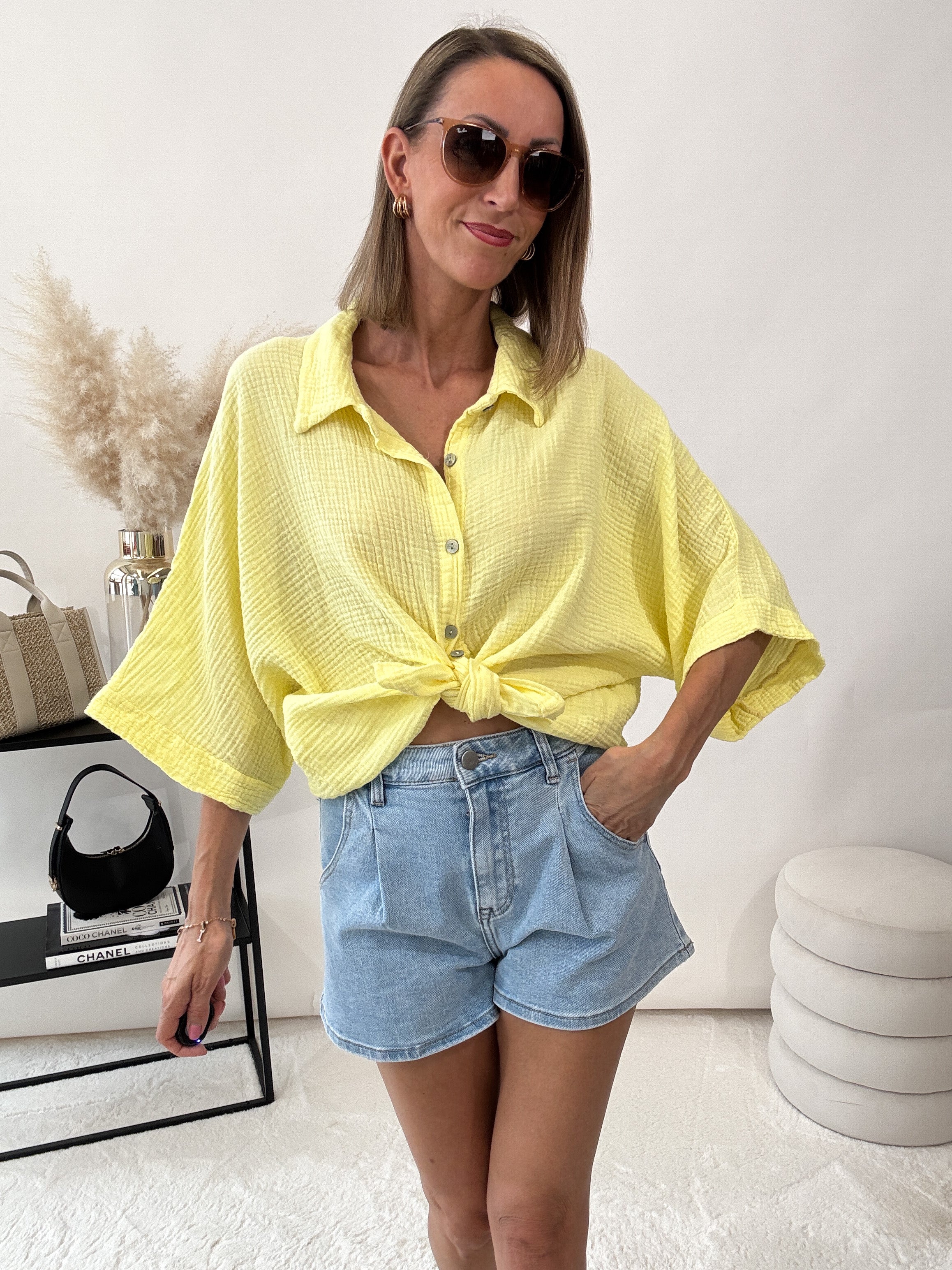 "Waffle Picco" kurze Musselinbluse - gelb