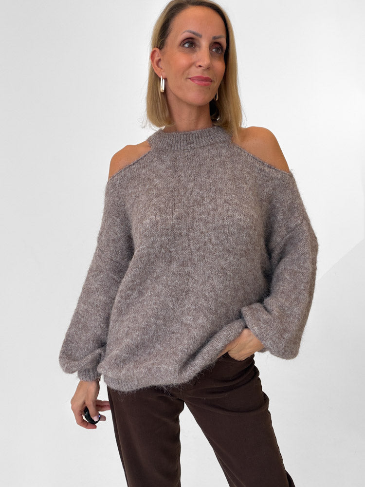 "Lia" weicher Cold-Shoulder Pullover - mocca