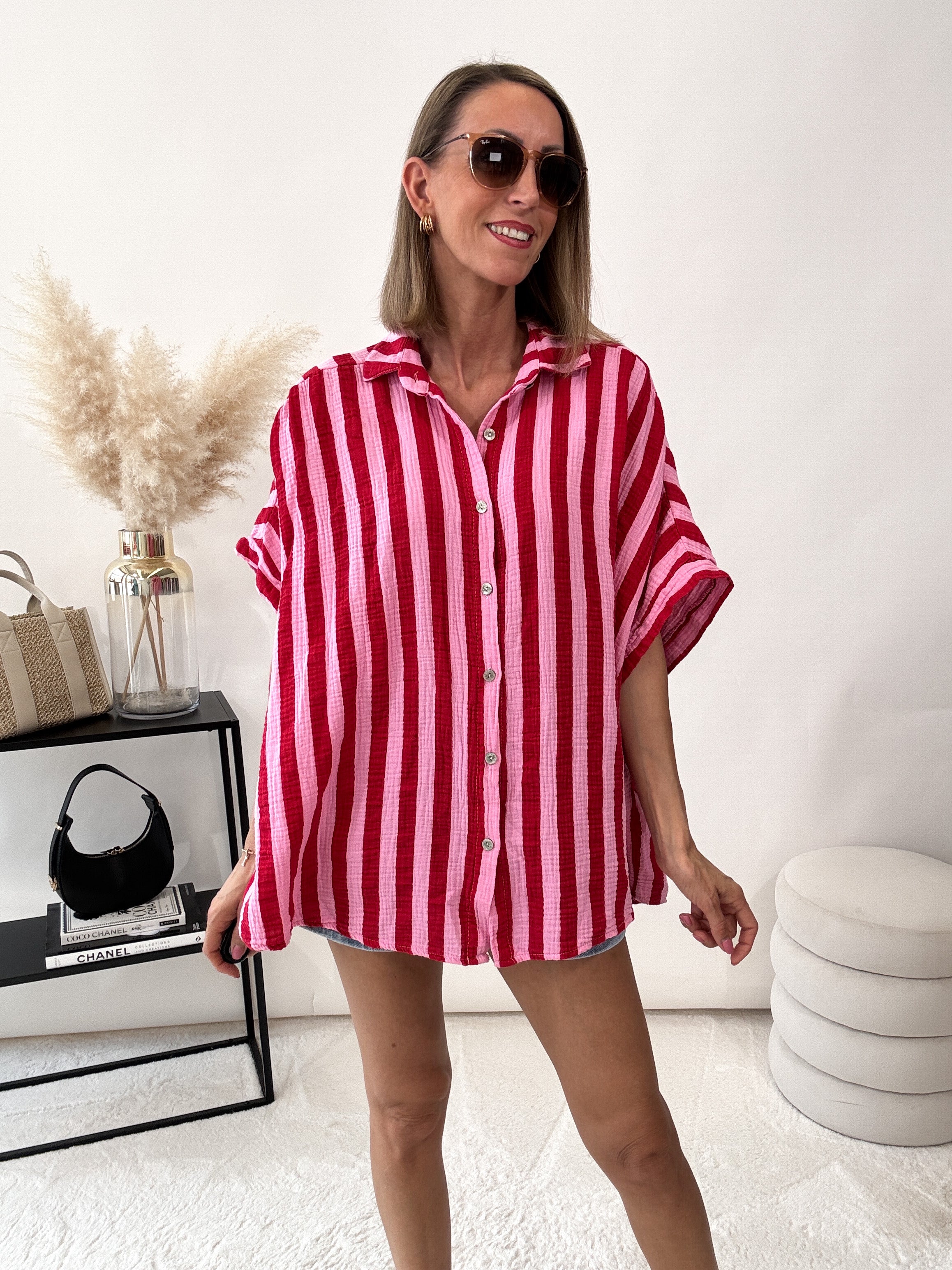 "Waffle Stripes Summer" Midi-Bluse aus Baumwolle (Musselin)- rosa/rot