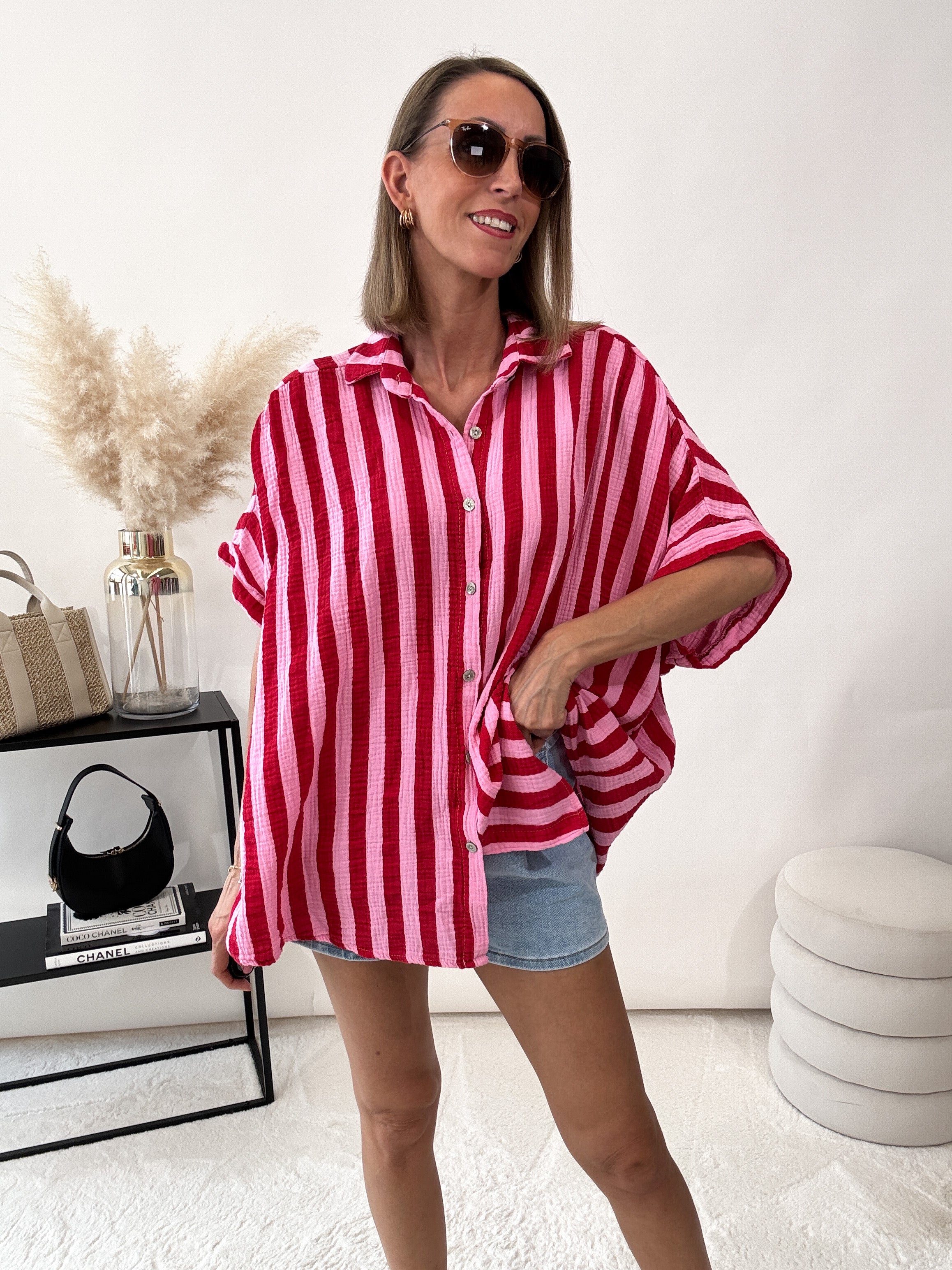 "Waffle Stripes Summer" Midi-Bluse aus Baumwolle (Musselin)- rosa/rot