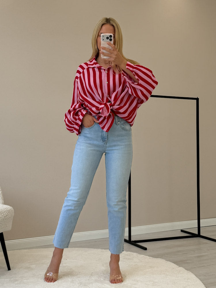 "Stripes Midi" tolle Musselin Bluse mit Streifen - rosa/rot