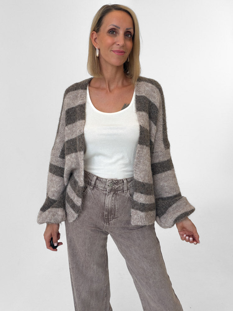 "Mela Stripes" weicher Cardigan mit Alpaka & Lana Wolle - mocca