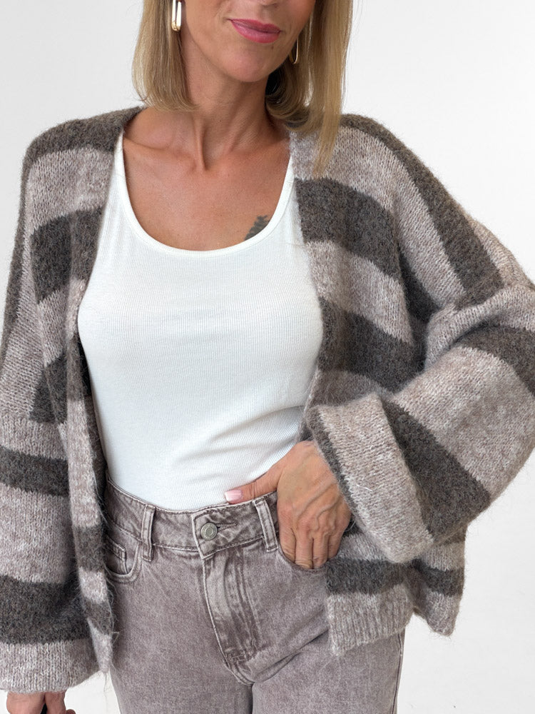 "Mela Stripes" weicher Cardigan mit Alpaka & Lana Wolle - mocca