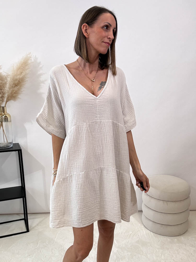 ,,Waffel"- Tunikakleid aus Baumwolle (Musselin) - beige