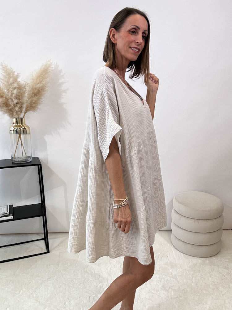 ,,Waffel"- Tunikakleid aus Baumwolle (Musselin) - beige