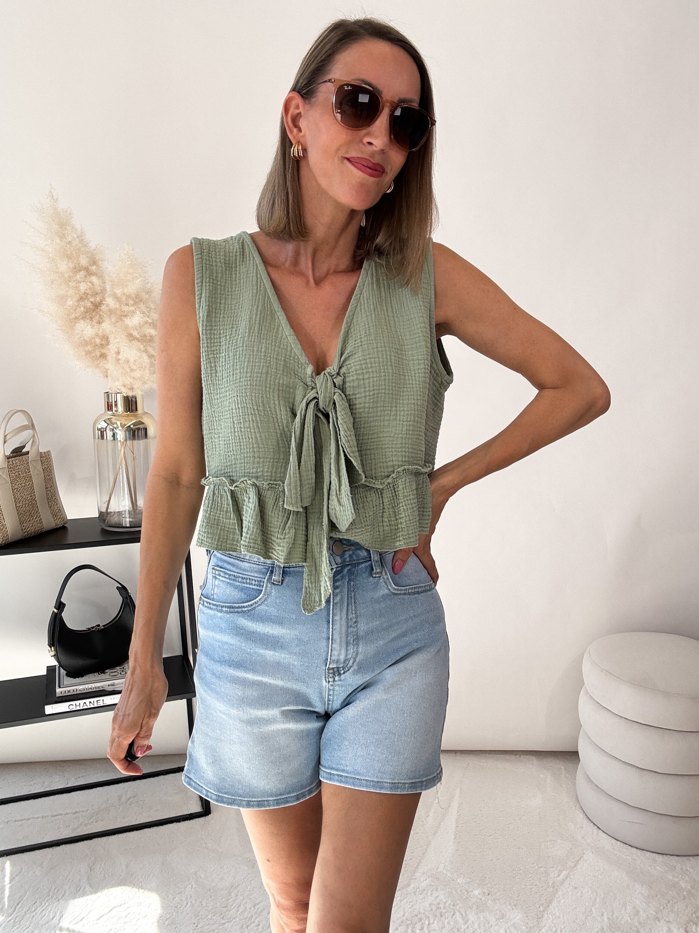 "Bella Bow" Musselin Top aus Baumwolle - matcha green
