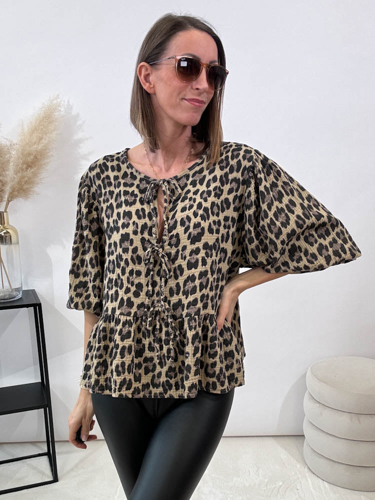 "Waffle Bow" Leo Bluse mit Schleife (Musselin) - camel