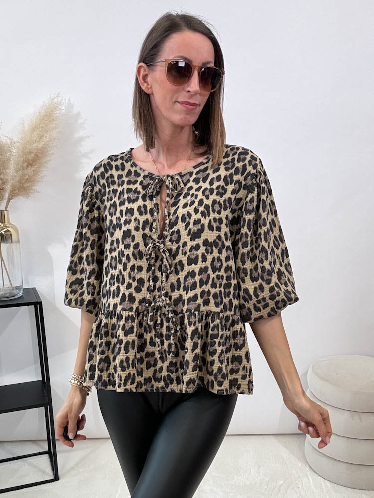 "Waffle Bow" Leo Bluse mit Schleife (Musselin) - camel