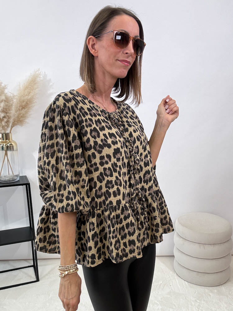 "Waffle Bow" Leo Bluse mit Schleife (Musselin) - camel
