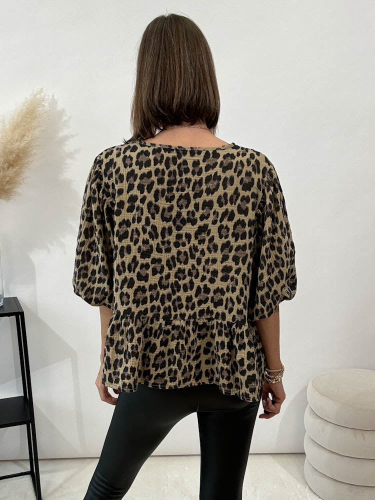 "Waffle Bow" Leo Bluse mit Schleife (Musselin) - camel