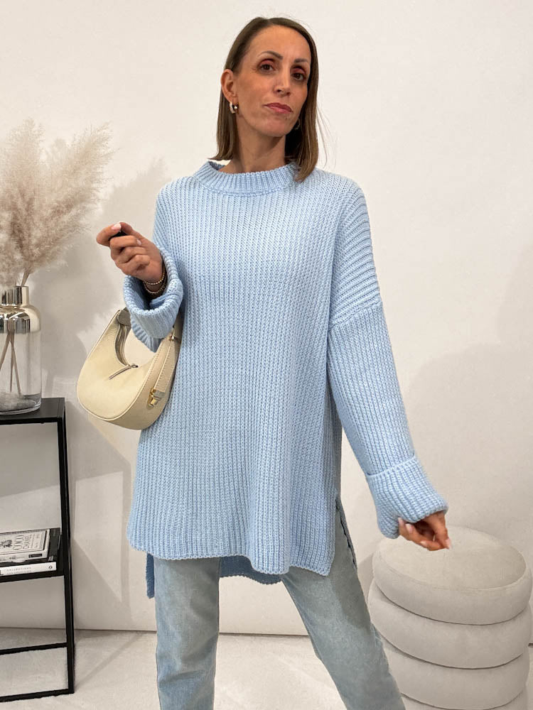 Strickpullover mit Schlitz - hellblau
